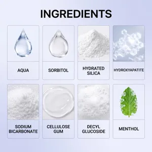 Detailed ingredient infographic of purple toothpaste showcasing gentle oral care and whitening components.