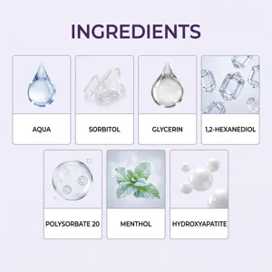 Refreshing mouthwash ingredient details infographic showing natural mint extract and active formula.