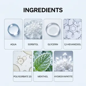 Detailed view showing key natural and safe ingredients for dental care and whitening formula.