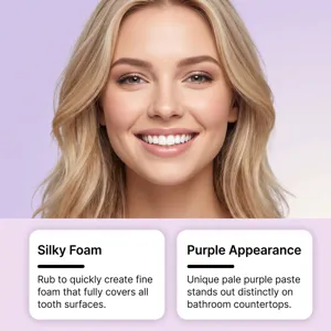 Detailed view of purple toothpaste featuring rich silky foam and unique pale appearance.