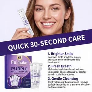 Feimuko portable purple mouthwash sachets 20pcs set for fresh breath and teeth whitening daily care.