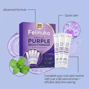 Feimuko portable purple mouthwash sachets for fresh breath, whitening and gentle oral care.