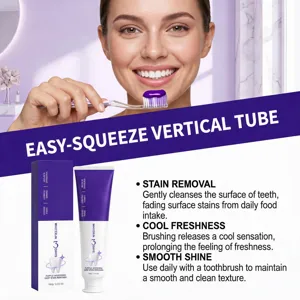 Close-up detail view of purple teeth whitening toothpaste, box and key fresh benefits.