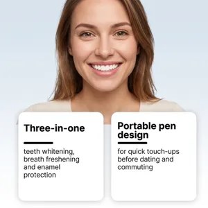 Portable teeth whitening pen with 3-in-1 formula for fresh breath and enamel protection.
