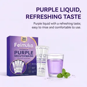 Detail view of portable purple mouthwash sachets with refreshing mint liquid and fresh mint.