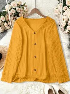 Women's yellow v-neck button-down knit cardigan, casual long sleeve loose pullover sweater.