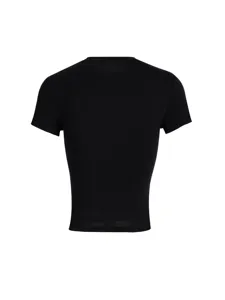 Back view detail of a plain black slim fit short sleeve crop top, minimalist Y2K style basic.