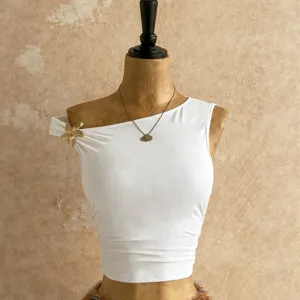 Donna top corto monospalla estivo casual tinta unita vestibilità slim senza maniche