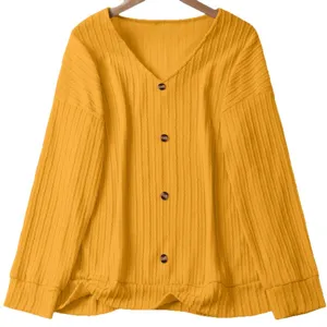 Women solid color V-neck vertical striped long sleeve knit cardigan casual sweater top.