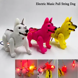 Close-up details of electronic walking toy puppies featuring colorful lights and music functions.