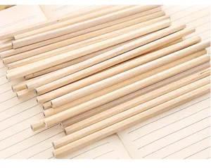 Natural wood hexagonal pencils detail view, perfect for sketching, drawing, and student writing.