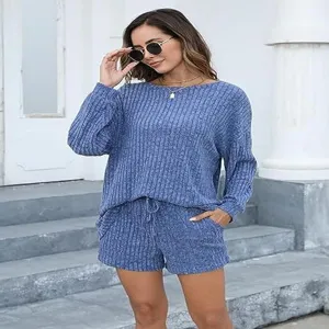 Μπλε ριμπ πλεκτό τοπ μακρυμάνικο και σορτς σετ δύο τεμαχίων για γυναίκες φθινοπωρινά ρούχα