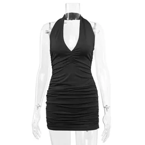 Summer women's sexy v-neck halter ruched mini dress, elegant slim party club wear.