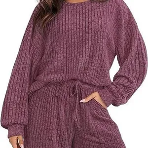 Γυναικείο ριβε σετ loungewear με μακρυμάνικο τοπ και σορτς φθινόπωρο χειμώνας ρουχισμός
