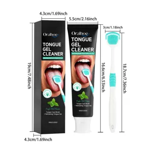 Oralhoe tongue cleaner set detail view showing product dimensions, gel tube and scraper brush.
