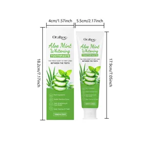 Oralhoe aloe mint whitening toothpaste detail view showing box and tube with clear dimensions.