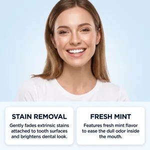 Detailed view showing teeth whitening gel pen benefits, stain removal and fresh mint flavor.