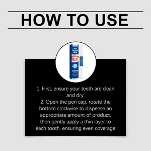Instructions d'utilisation détaillées et présentation du stylo de blanchiment des dents.