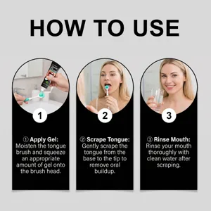 Tongue cleaner gel set detail view showing clear three step-by-step usage instructions.