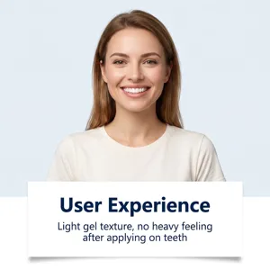 Détail du stylo gel de soin dentaire montrant texture légère et expérience d'application agréable.