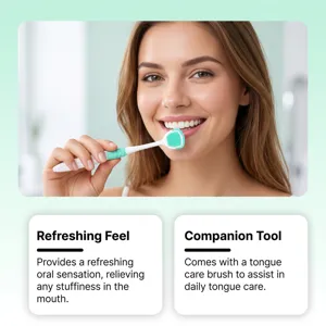 Tongue cleaner brush detail showing soft silicone bristles for daily oral hygiene and fresh breath.