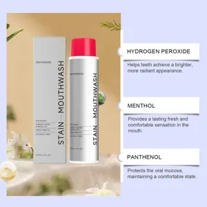 Whitening mouthwash with hydrogen peroxide and menthol for fresh breath and radiant smile.