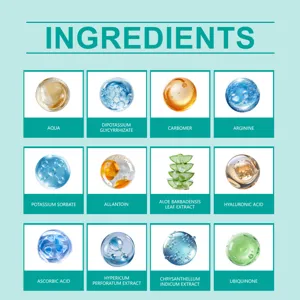Feimuko dental care gel ingredient chart featuring aqua, hyaluronic acid, and botanical extracts.