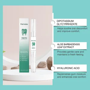 Feimuko teeth repair gel detail showcasing key ingredients like hyaluronic acid and aloe vera.