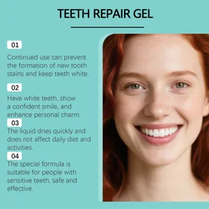Detail view of teeth repair gel featuring a smiling woman with clean white teeth and benefits.