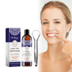 Oralhoe Coconut Mint Mouthwash Breath Freshener Oral Care Liquid With Stainless Steel Tongue Scraper For Daily Hygiene