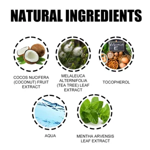 Natural plant extracts detail graphic showing coconut, tea tree, vitamin E, and mint ingredients.