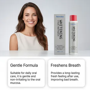 Feimuko teeth whitening mouthwash detail showing gentle formula and fresh breath benefits.
