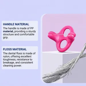 Detailed view of the hands-free dental floss showing durable PP handle and strong nylon floss.