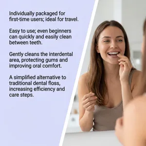 Close-up detail of convenient interdental flosser in use, ideal for daily oral care travel.