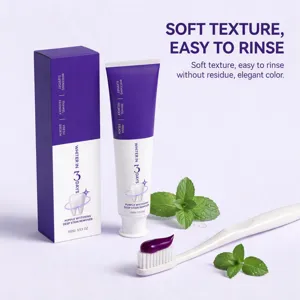 Purple teeth whitening toothpaste with soft texture and fresh mint for daily clean care.