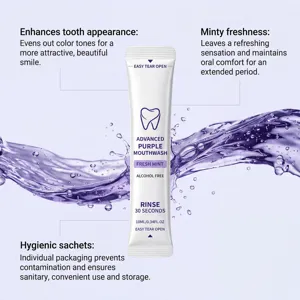 Portable purple mouthwash stick pack with fresh mint flavor and alcohol-free formula for daily use.