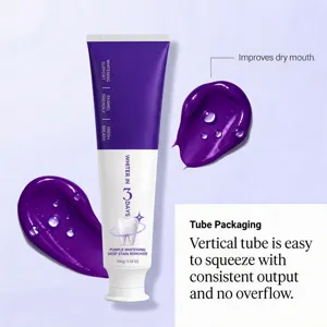 Purple whitening toothpaste in squeeze tube packaging for fresh breath and bright smile.