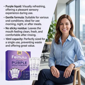 Feimuko portable purple mouthwash sachets with mint fresh breath and alcohol-free gentle formula.