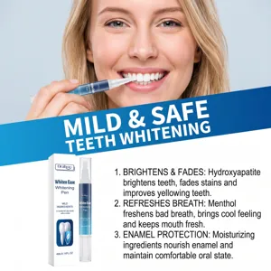 Detail view of the teeth whitening pen and packaging showing product features and usage.
