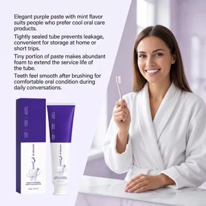 Detail view showing purple whitening toothpaste, mint flavor, gentle clean and stain removal.