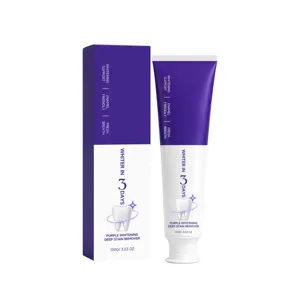 Purple teeth whitening toothpaste with deep stain remover formula for fresh breath and enamel.