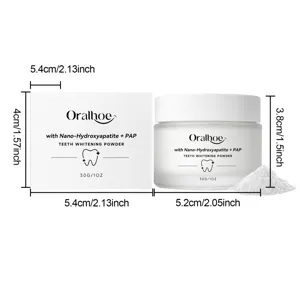 Detailed dimension view of teeth whitening powder jar and box showcasing precise size specs.