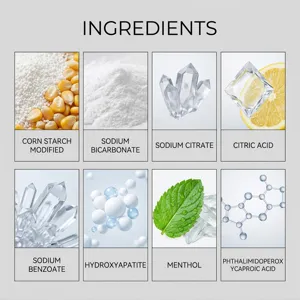 Detailed product ingredients infographic for whitening and refreshing dental care powder.