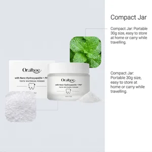 Detailed view of Oralhoe teeth whitening powder jar with natural mint extract and fine texture.