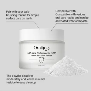 Teeth whitening powder close-up showing fine texture and clean container detail design.