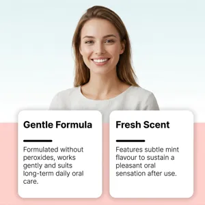 Close-up detail view of oral care product highlighting gentle formula and fresh mint scent.