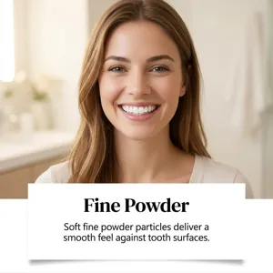 Fine tooth powder detail showcasing smooth powder texture for gentle oral cleaning care.