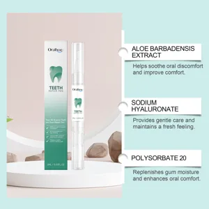 This detail view highlights the Oralhoe teeth repair pen featuring natural extracts for oral care.