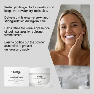 Oralhoe teeth whitening powder with nano-hydroxyapatite for a cleaner, fresher, brighter smile.