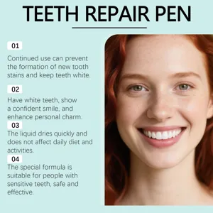 Teeth repair pen detail showcasing whitening effect and clean smile for sensitive teeth.